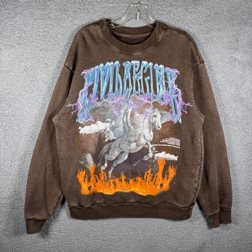 Civil Regime Mens Pegasus Lightning Fire Graphic Sweatshirt Brown Size M